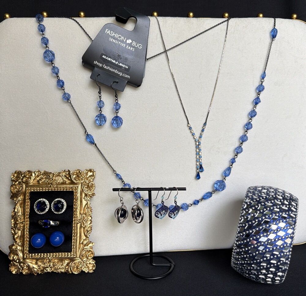 Vintage Blue & Silver Tone Jewelry Lot: Necklaces Earrings Ring Sz 8 Big Bangle
